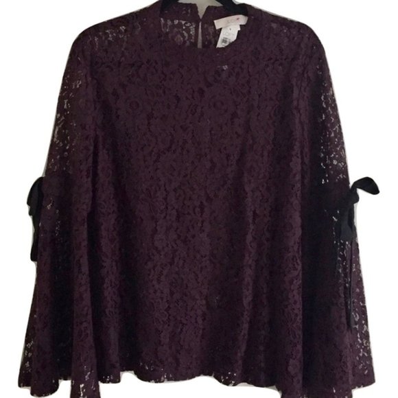LOFT | Plum/Merlot Lace Bell Tie-Sleeve To… - Picture 4 of 7